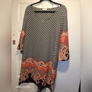 Luxe Black and Orange Paisley Border Shift Dress